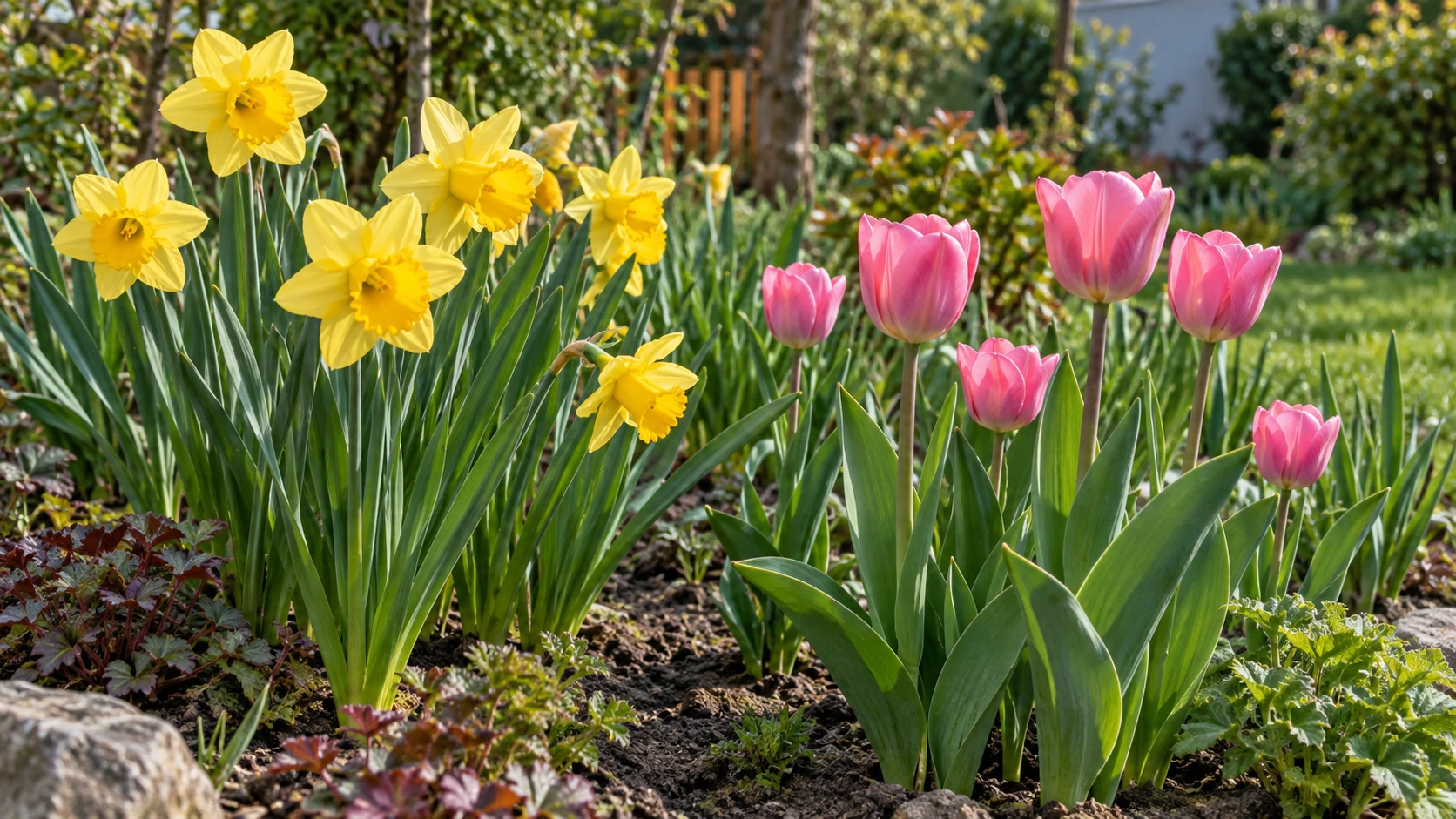 Wiosenna rabata z żółtymi narcyzami i różowymi tulipanami.