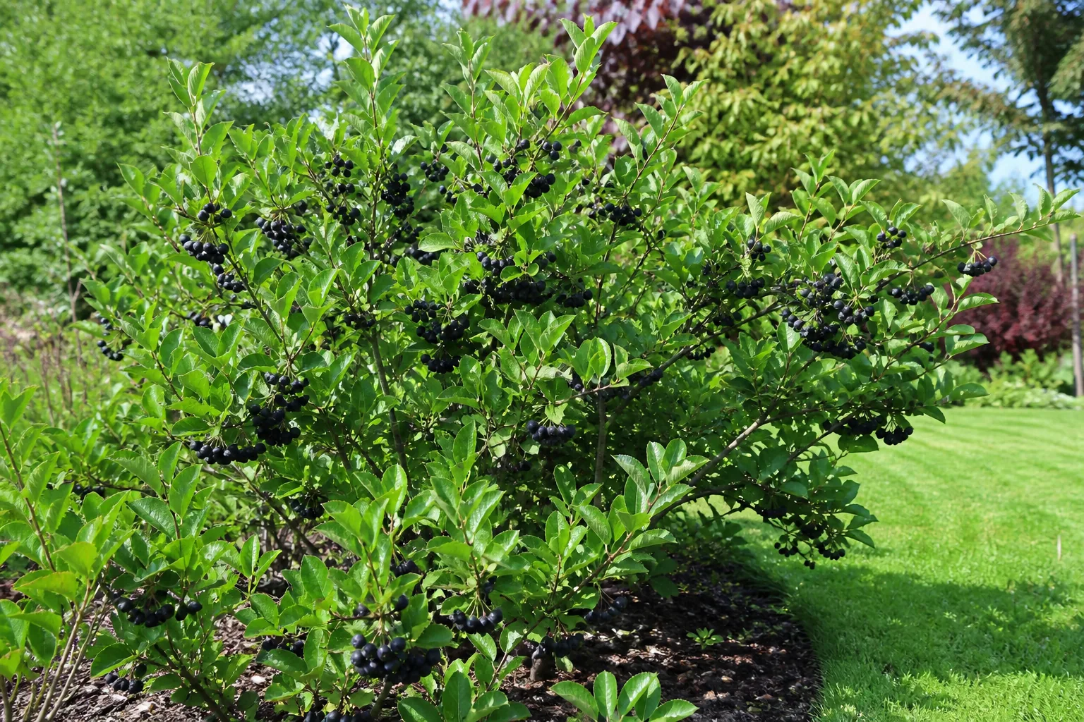 Aronia czarna z dojrzałymi ciemnymi owocami w polskim ogrodzie