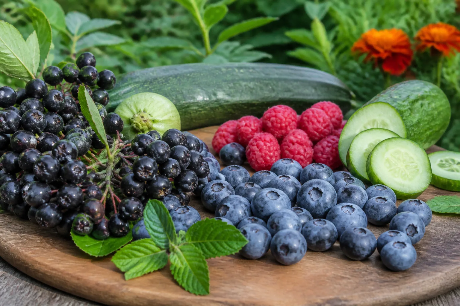 Zbiór z ogrodu: aronia, borówki, maliny, ogórek, cukinia i mięta na desce