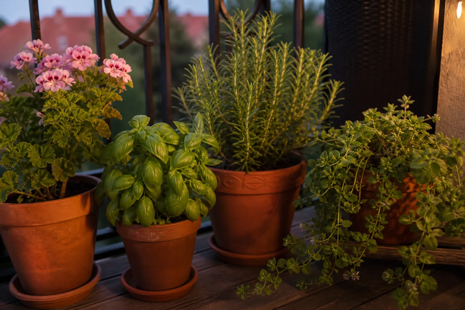 Donice z pelargonią, bazylią i rozmarynem na balkonie — układ typowy przy wieczornym siedzeniu