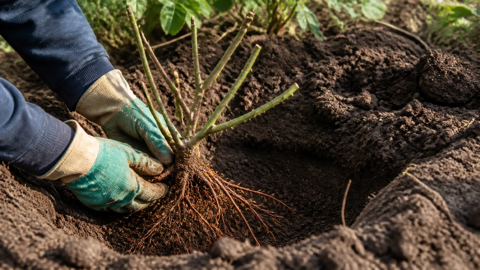 Sadzenie róży z rozłożonymi korzeniami w przygotowanym dołku